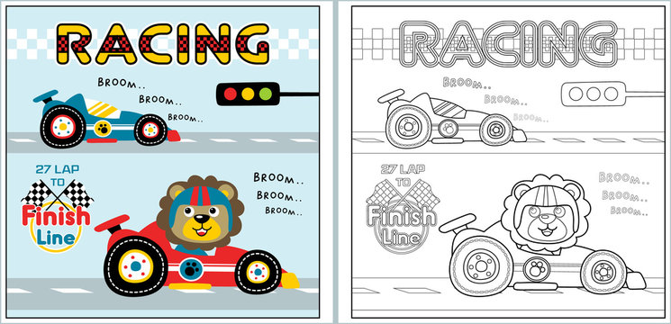 racing cartoon with funny racer, coloring page or book. eps 10