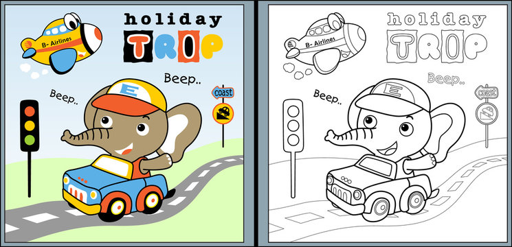 holiday trip with little elephant cartoon, coloring page or book. eps 10