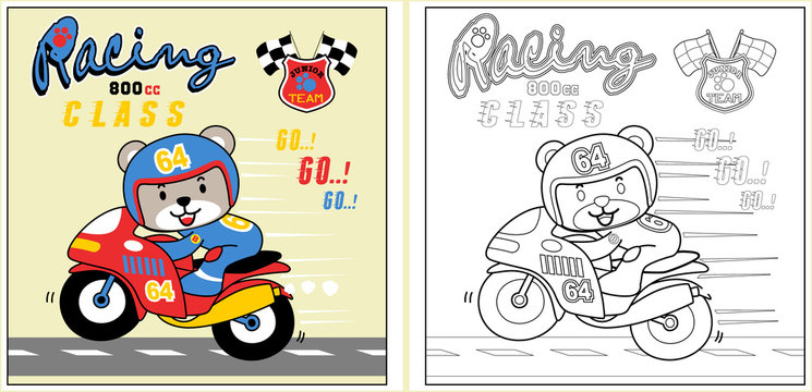 cute racer on motorbike cartoon, coloring page or book