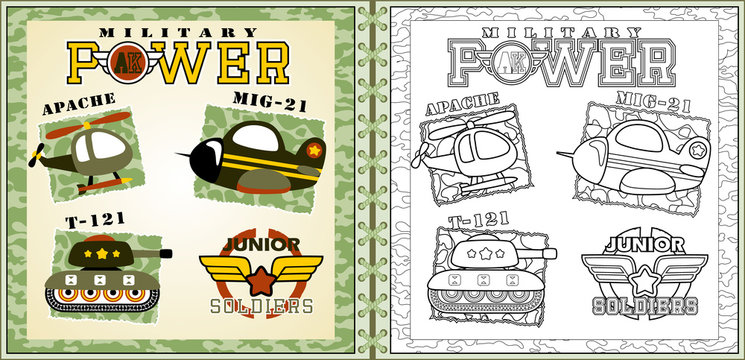 Vector of military equipment, armored vehicle, coloring page or book