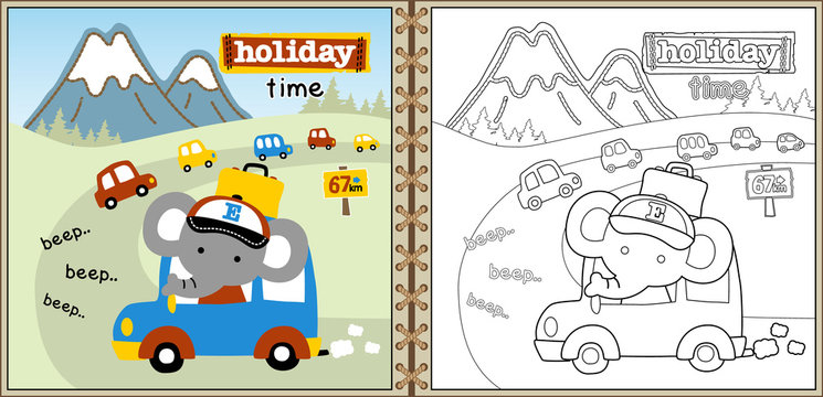 Cartoon of holiday time with cute elephant cartoon, coloring page or book. eps 10