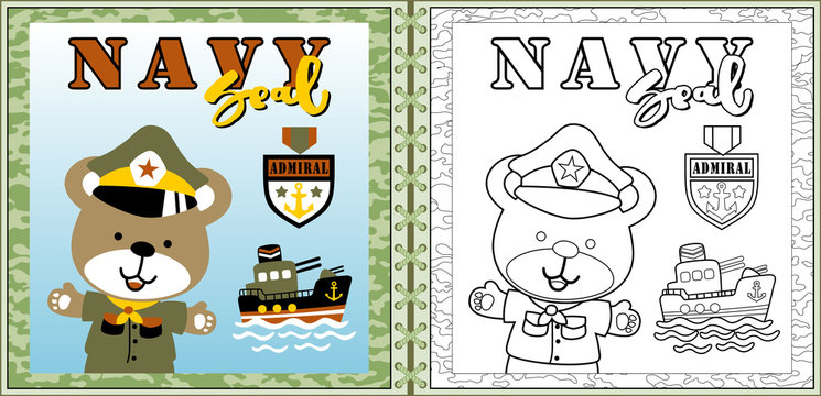 funny naval troop cartoon vector with gunboat, coloring page or book. eps 10