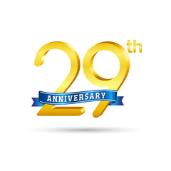 29th golden Anniversary logo with blue ribbon isolated on white   background. 3d gold 29th Anniversary logo