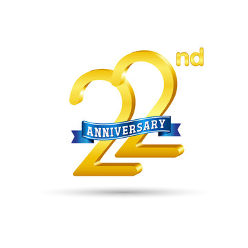 22nd golden Anniversary logo with blue ribbon isolated on white   background. 3d gold 2nd Anniversary logo
