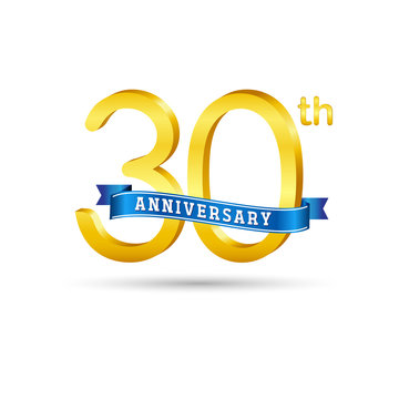 30th golden Anniversary logo with blue ribbon isolated on white   background. 3d gold 30th Anniversary logo