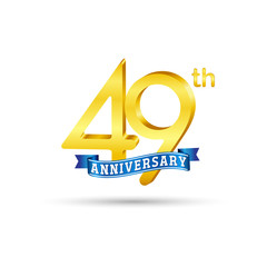 49th golden Anniversary logo with blue ribbon isolated on white   background. 3d gold 49th Anniversary logo