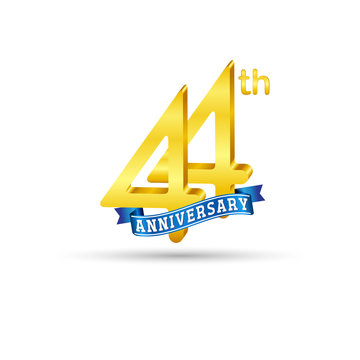 44th golden Anniversary logo with blue ribbon isolated on white   background. 3d gold 44th Anniversary logo