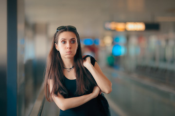 Travel Girl with Shopper Handbag in Airport Station Terminal 