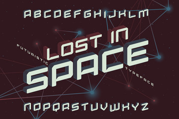 Futuristic typeface named "Lost in space" with lines extruded effect and geometric vector background