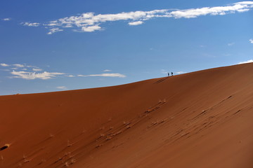 Fototapeta na wymiar Namibia. Travelers go on the crest of the dune