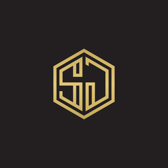 Initial letter SJ, minimalist line art hexagon shape logo, gold color on black background