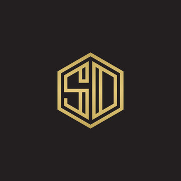 recommend clip art: Initial letter SD, SO, minimalist line art hexagon shape logo, gold color on black background