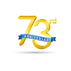 73rd golden Anniversary logo with blue ribbon isolated on white   background. 3d gold 73rd Anniversary logo