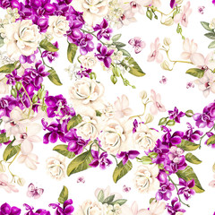 Beautiful watercolor seamless tropical jungle floral pattern background with leaves, flowers of orchids and roses. 