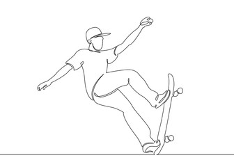 Fototapeta na wymiar One continuous single drawn line, the guy skater, the character skates on a skateboard