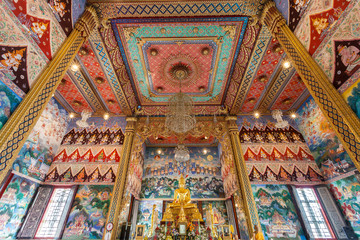 March 30,2018: Beautiful gold  Buddha image inside the Buddhist church  at Wat Chula Manee in Samut songkhram, Thailand