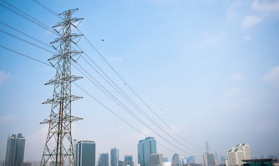  High voltage electric pole on beautiful sky background.
