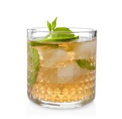 Glass of delicious mint julep cocktail on white background - obrazy, fototapety, plakaty