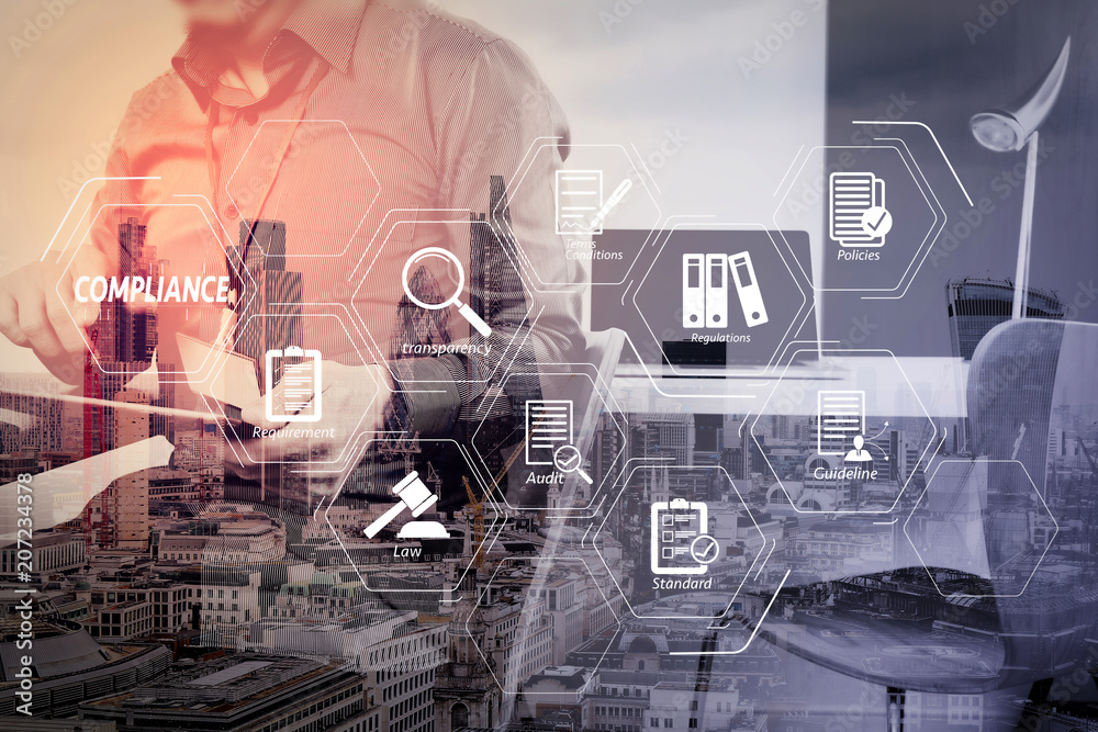 Poster businessman working with digital tablet and laptop computer and card tag in modern office