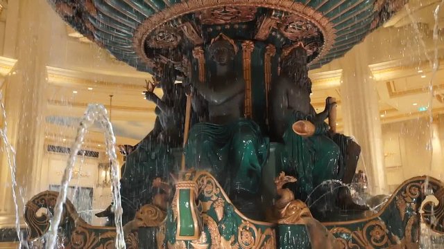 MACAU, CHINA - MAY 2018: A fountain at the Venice' hotel hall. A great fountain