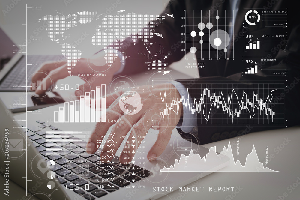 Poster hands of businessman typing on laptop in modern office with smart phone and digital tablet computer