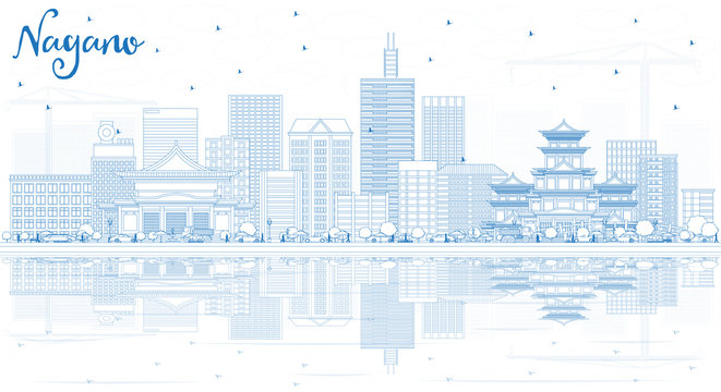 Outline Nagano Japan City Skyline with Blue Buildings and Reflections.
