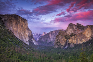 Dramatic clouds after sunset over Tunnel View in Yosemite National Park