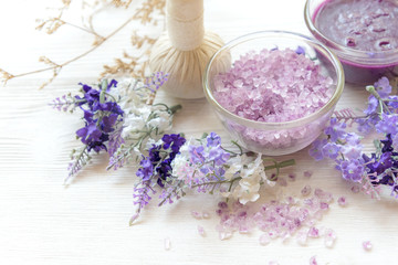 Obraz na płótnie Canvas Lavender aromatherapy Spa with candle. Thai Spa relax Treatments and massage white background. Healthy Concept. select and soft focus