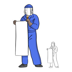 mechanic man in jumpsuit and facial protective glass mask holding rectangular blank sign vector illustration sketch doodle hand drawn with black lines isolated on white background