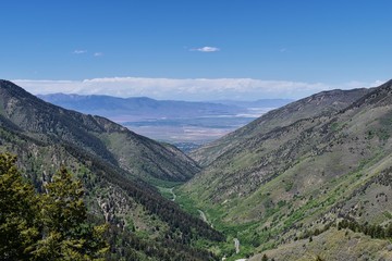 Views of Tooele from the Oquirrh Mountains along the Wasatch Front Rocky Mountains, by Kennecott Rio Tinto Copper mine, Looking into Tooele by the Great Salt Lake in spring. Utah, USA.