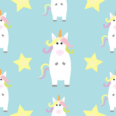 Obraz na płótnie Canvas Unicorn standing Kawaii head face. Star Pastel color. Cute cartoon baby character. Funny horse. Seamless Pattern. Wrapping paper, textile template. Blue background. Flat design