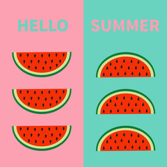 Hello summer. Watermelon fruit icon set. Red slice with seeds in a row. Cut half. Healthy food. Flat lay design. Pastel bright color. Top air view. Pink Green background. Isolated.