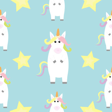 Unicorn standing Kawaii head face. Star Pastel color. Cute cartoon baby character. Funny horse. Seamless Pattern. Wrapping paper, textile template. Blue background. Flat design