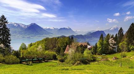 Landscape view of Rigi mountain with flower, grass, house , sky and railway