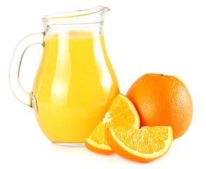 orange juice with orange isolated on white background. juice in jug