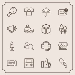 Fototapeta premium Modern, simple vector icon set with craft, shop, cash, internet, meal, microphone, rain, ticket, web, loudspeaker, money, tshirt, rocket, arrow, good, umbrella, sound, white, entertainment, up icons