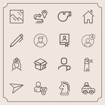 Modern, simple vector icon set with whistle, chessboard, send, scenery, package, account, internet, location, unpacking, chess, business, map, light, photo, water, bag, lighthouse, message, game icons