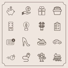 Modern, simple vector icon set with room, boat, finance, route, sea, panzer, hanger, doorknob, late, dollar, office, gift, transport, style, investment, map, road, ship, shoe, coin, tank, army icons