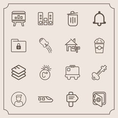 Fototapeta premium Modern, simple vector icon set with play, train, profile, sound, direction, transport, safe, trash, player, safety, old, travel, recycling, airport, transportation, security, infographic, music icons
