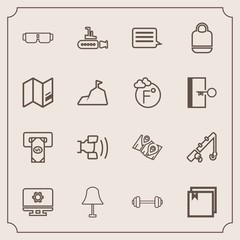 Modern, simple vector icon set with bank, web, sign, map, road, sport, fishing, sun, file, mobile, undersea, pin, location, electricity, gym, ocean, interior, fitness, exercise, workout, marine icons