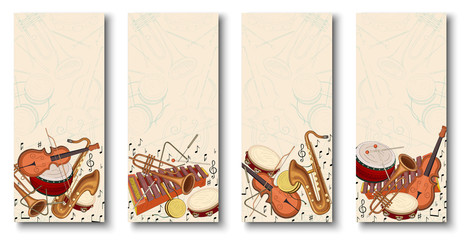 Backgrounds with notes and colorful musical instruments.