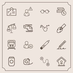 Modern, simple vector icon set with education, map, pen, train, aluminum, can, cash, destination, home, hand, friction, office, eyeglasses, transport, social, glasses, position, stationery, tin icons