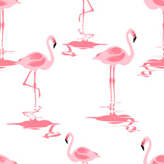 Seamless pattern pink flamingo standing on water reflection.white background.printing wallpaper.vector illustration