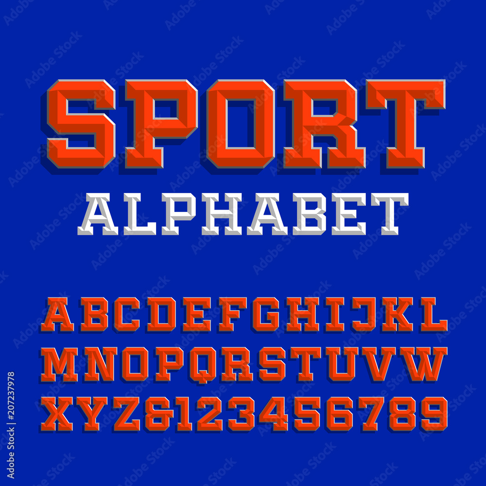 Fototapete beveled alphabet vector font. retro sport style typeface for your design. type letters and numbers.