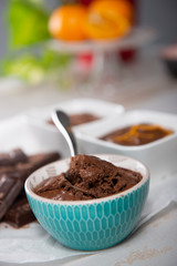close up of bowl of dark chocolate mousse