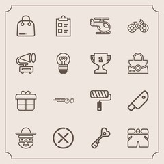 Modern, simple vector icon set with holiday, knife, brush, air, cartoon, retail, ball, decoration, cut, fashion, checklist, happy, check, list, cancel, roller, hobby, helicopter, mark, hit, buy icons