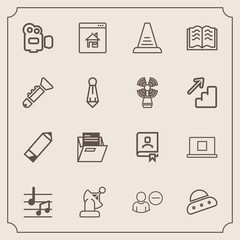 Modern, simple vector icon set with camera, communication, real, office, ufo, property, address, literature, user, space, step, online, education, profile, musical, internet, account, sound, pen icons