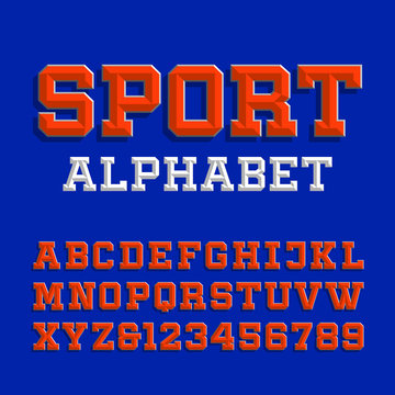 Beveled alphabet vector font. Retro sport style typeface for your design. Type letters and numbers.