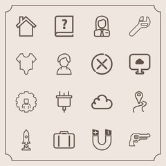 Modern, simple vector icon set with gun, magnetic, pole, old, online, technology, revolver, baggage, location, account, craft, home, web, mobile, internet, paper, electric, job, space, telephone icons