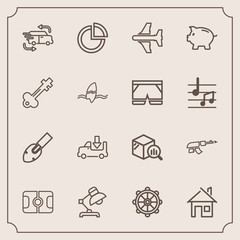 Fototapeta premium Modern, simple vector icon set with gun, ship, home, shipping, lorry, architecture, shovel, nautical, chart, estate, interior, delivery, weapon, table, rudder, trend, graph, presentation, soccer icons